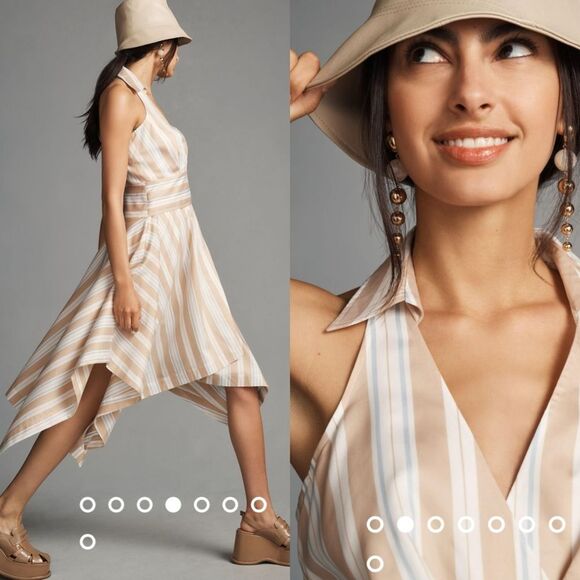 New Anthropologie Maeve Stripe Collar Shirt Asymmetrical Dress Neutral White - Picture 1 of 8